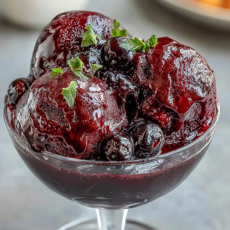Elegant black currant and gin sorbet in a chilled glass, garnished with fresh mint and served with crisp shortbread cookies.