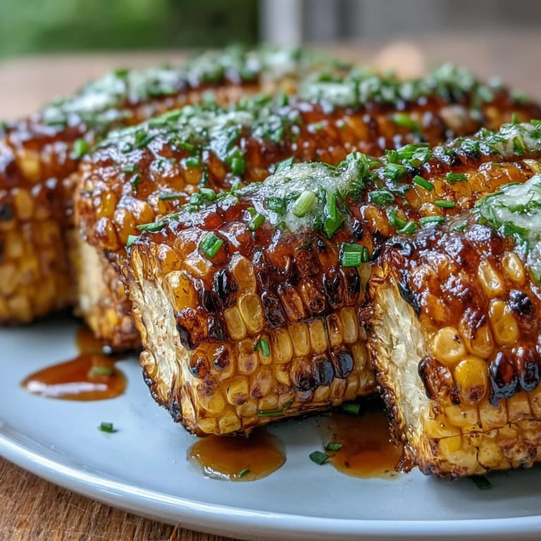 Golden corn cobs topped with miso butter sauce, garnished with chives and a hint of spice, perfect for summer grilling.