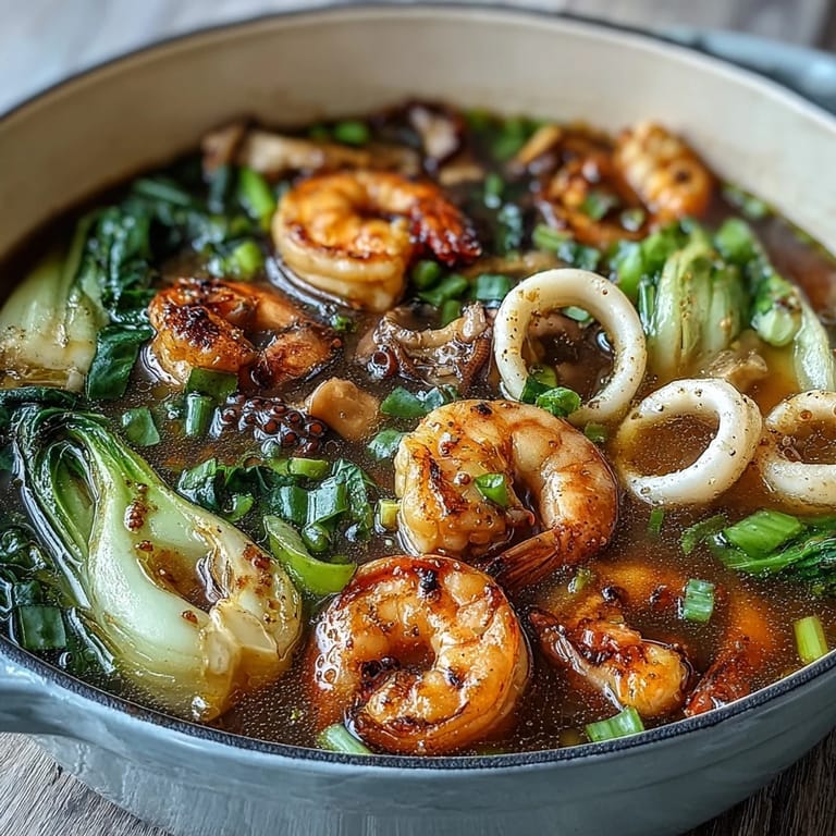 A bubbling Asian hot pot featuring tender squid, crisp napa cabbage, and aromatic broth, ready for a cozy meal.