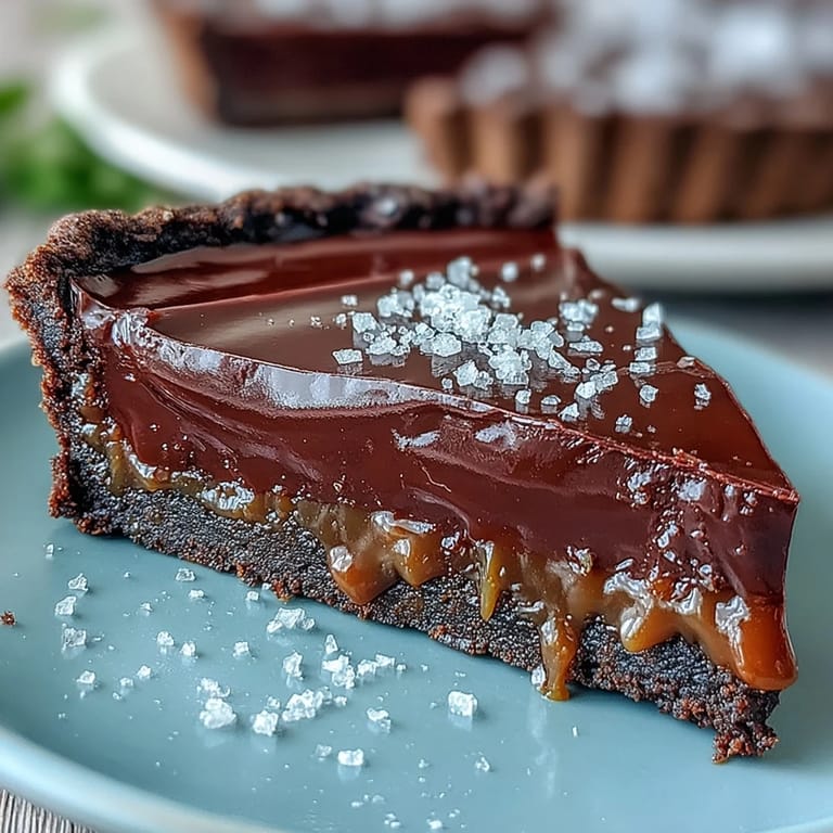 Rich chocolate tart filled with silky salted caramel, topped with smooth ganache and sea salt flakes.