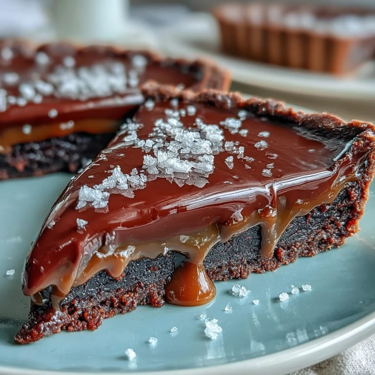 Indulgent salted caramel chocolate tart featuring a crisp cocoa crust, creamy caramel, and dark chocolate ganache.