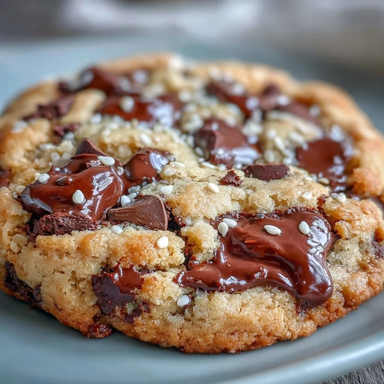 Chewy tahini-chocolate chip cookies with toasted sesame seed topping, served warm on a rustic wooden board.