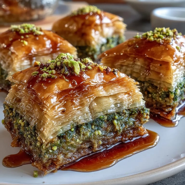 Aromatic Middle Eastern dessert featuring flaky pastry, crunchy pistachios, and fragrant honey, cut into diamond shapes.  