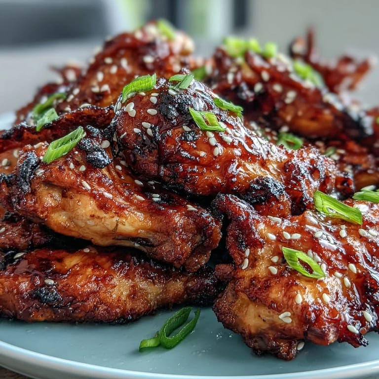 Tender chicken wings air fried to crispy perfection and tossed in a tangy-sweet honey garlic glaze with hints of ginger and sesame.
