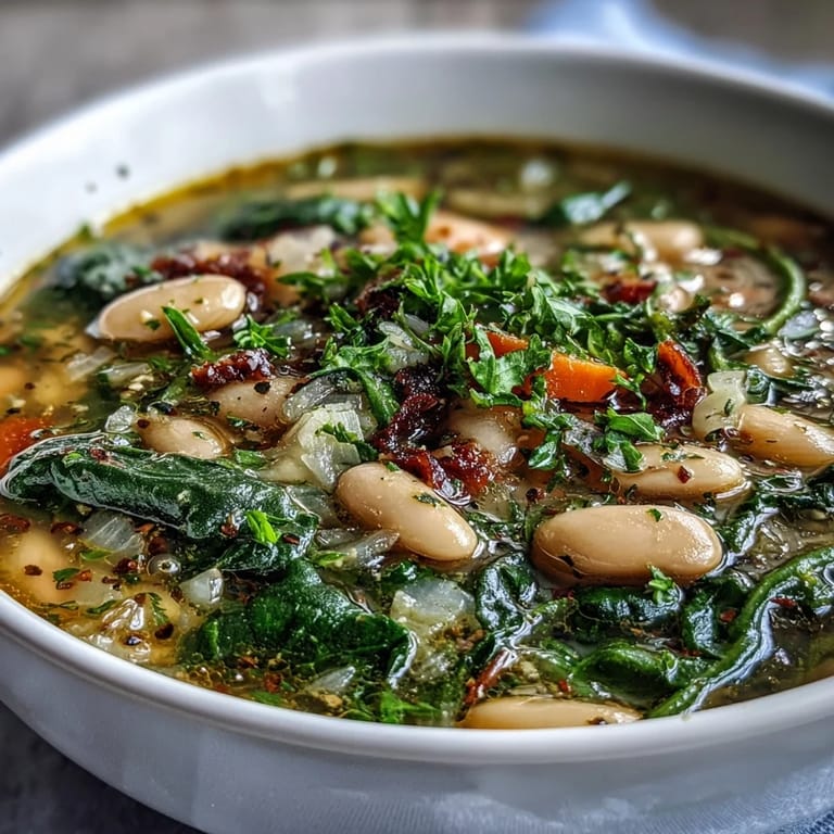 Creamy white beans, tender spinach, and aromatic herbs create a rustic Italian soup, perfect for cozy evenings.  