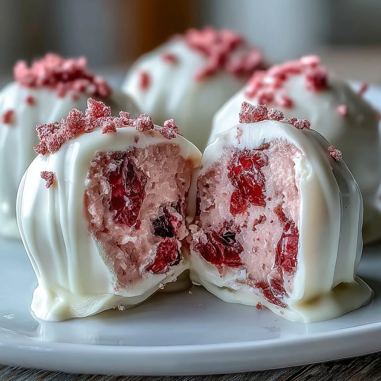 Hand-rolled strawberry truffles coated in rich white chocolate, perfect for a festive and indulgent homemade gift.