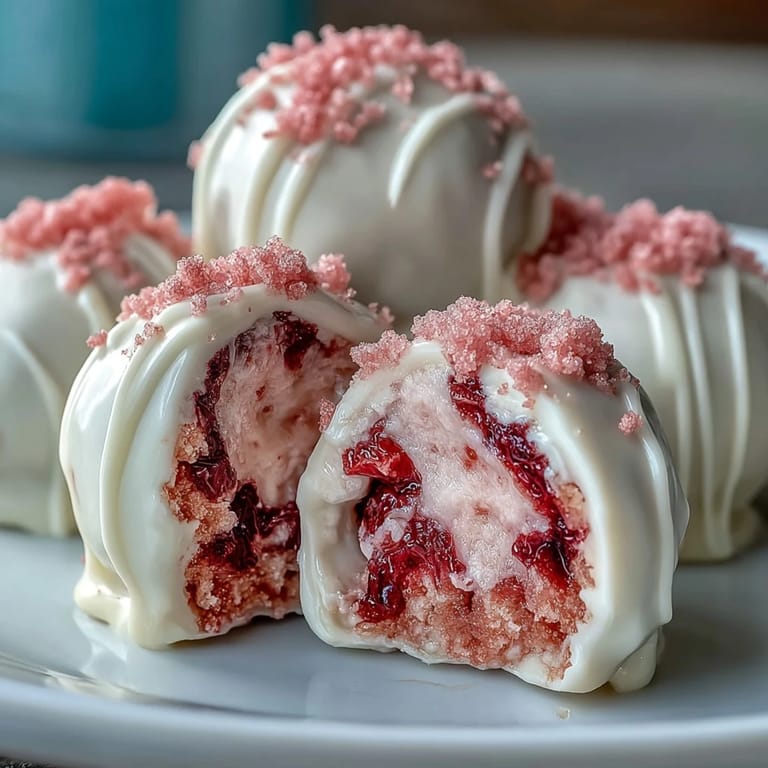 Decadent white chocolate truffles filled with vibrant strawberry flavor, ideal for celebrating love on Valentine's Day.