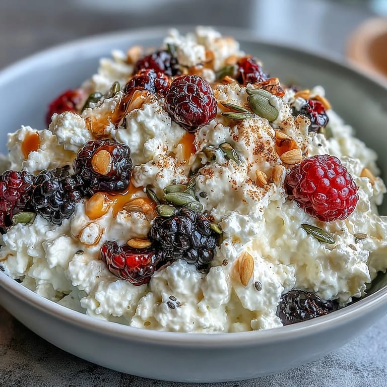 Creamy cottage cheese topped with vibrant mixed berries, chia seeds, and almonds for a protein-rich morning meal.