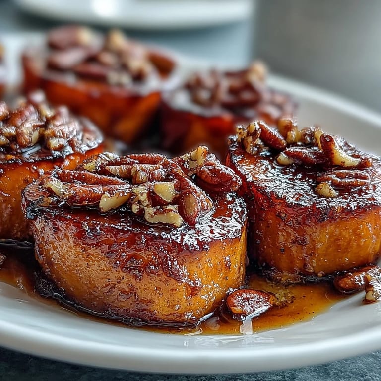 Aromatic bourbon-infused candied yams topped with pecans for a Southern holiday side dish.  