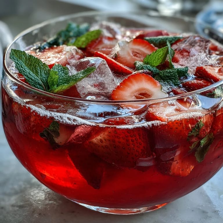 Refreshing strawberry and pink lemonade punch served in a festive bowl with mint garnish and fresh berries.