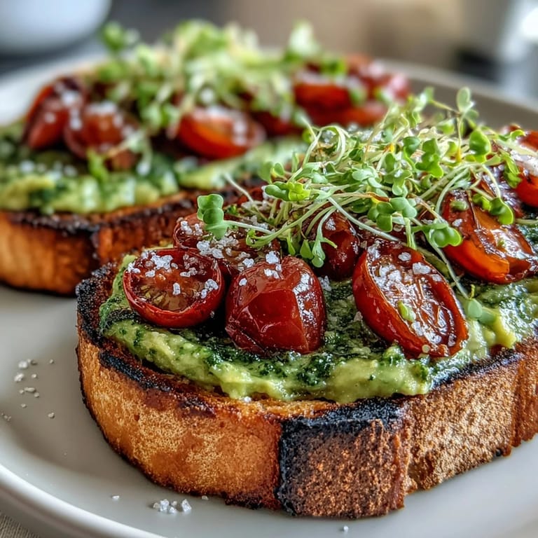 Fresh sourdough bread layered with rich avocado pesto, colorful cherry tomato halves, and delicate microgreens for a nourishing brunch.