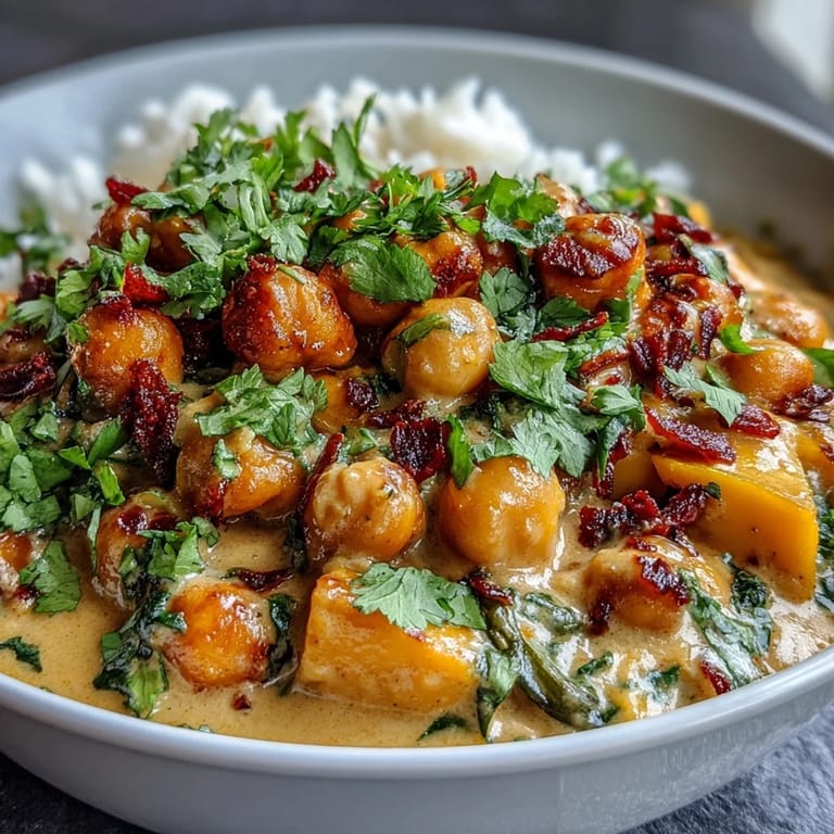 Rich and aromatic mango coconut curry with bell peppers and chickpeas, garnished with fresh cilantro and lime.  