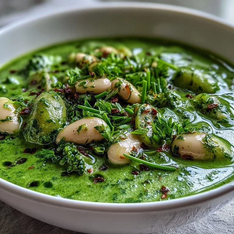 Creamy spinach and white bean soup with tender broccoli florets and zucchini, perfect for a nourishing vegetarian lunch.