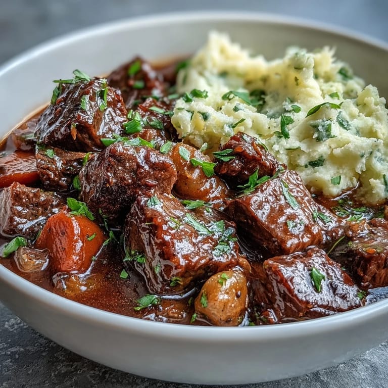 Rich and savory lightened Irish beef stew with lean beef, carrots, and peas, topped with smooth, buttery cauliflower mash.