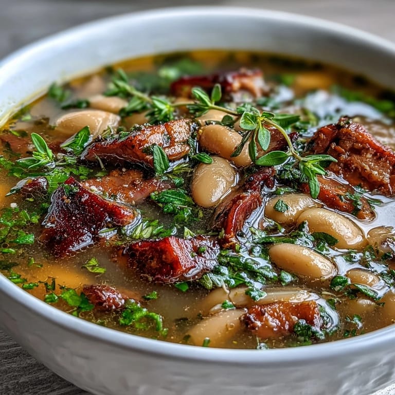A hearty soup filled with diced ham, creamy white beans, and aromatic herbs, perfect for a comforting dinner.
