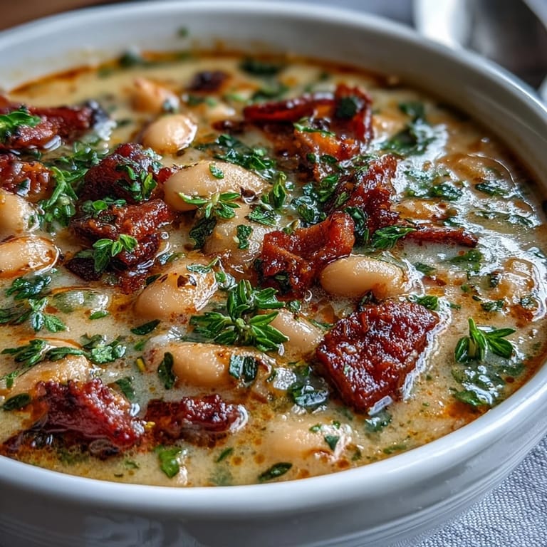 Close-up of a ladle scooping rich, savory ham and cannellini bean soup garnished with fresh rosemary and black pepper.