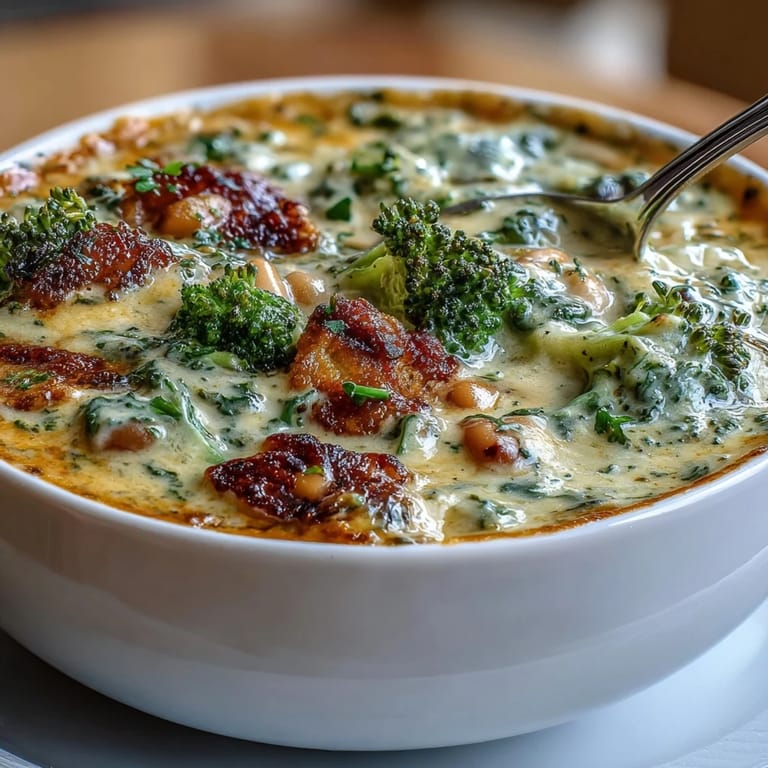 Velvety vegetarian soup with tender broccoli, cannellini beans, and sharp cheddar, served steaming hot.  