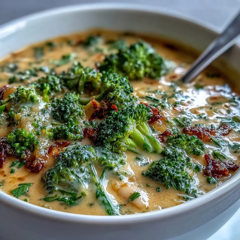 Nutritious, high-fiber broccoli and cheddar bean soup with aromatic vegetables, perfect for a comforting meal.