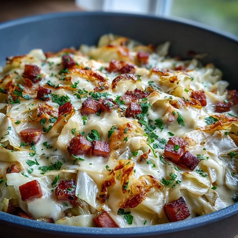Savory ham and sautéed cabbage blend with heavy cream and cheddar in this easy, one-pan skillet meal.  