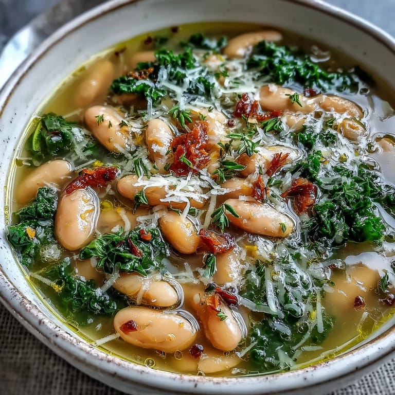 Hearty Tuscan soup with cannellini beans, fresh kale, and bright lemon zest, served with a drizzle of olive oil and grated Parmesan.  