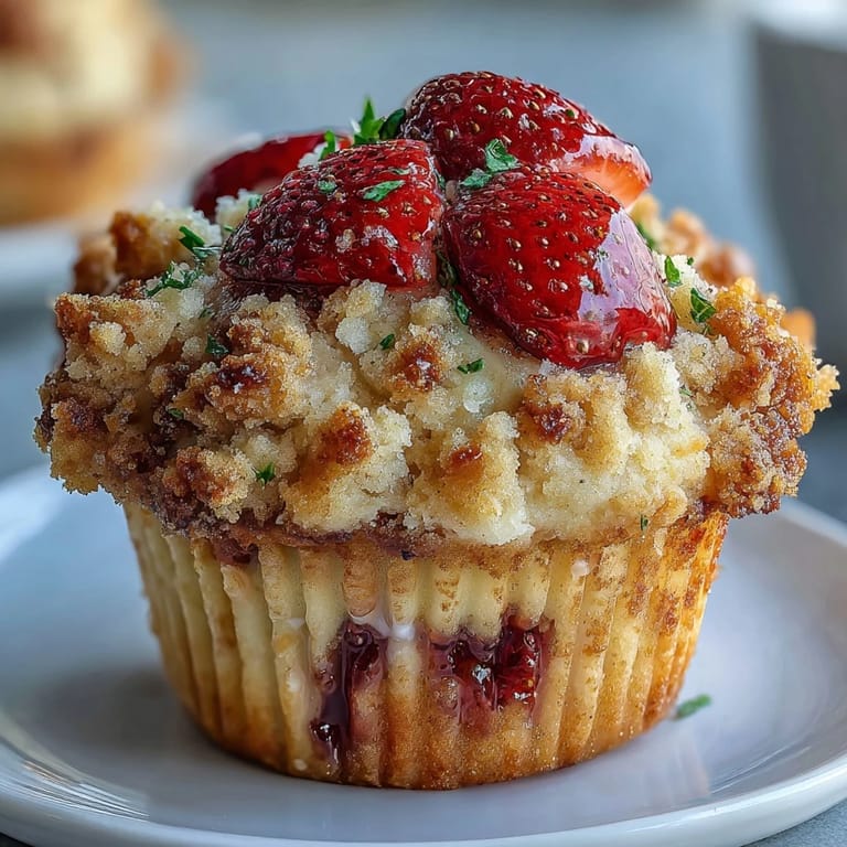 Homemade strawberry muffins with a golden crumble and bright lemon zest, offering a delightful mix of sweet and tangy flavors.