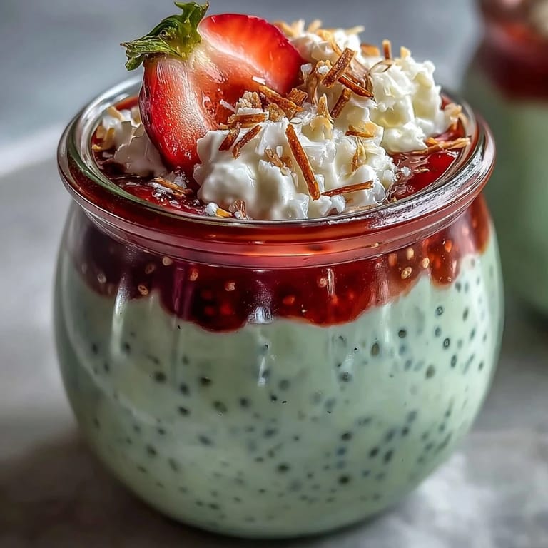 A close-up of strawberry matcha layered chia pudding jars featuring alternating layers of red strawberry, green matcha, and speckled chia pudding.