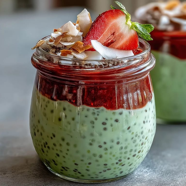 Fresh strawberry matcha layered chia pudding jars topped with sliced strawberries, coconut flakes, and a sprinkle of chia seeds for added texture.