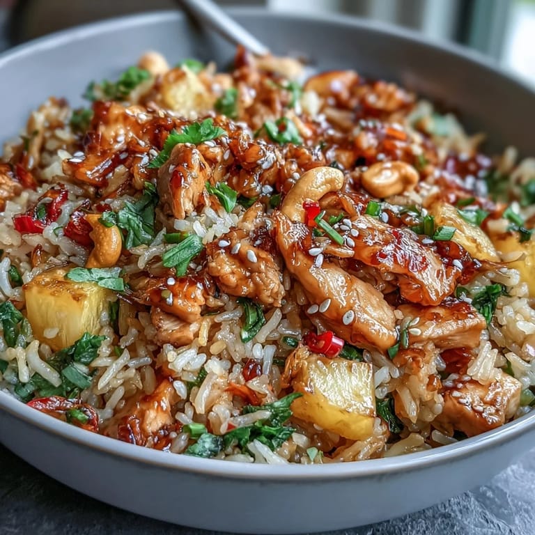Tropical fried rice dish featuring sweet chili chicken, fresh pineapple, and crisp vegetables, garnished with roasted nuts and cilantro.
