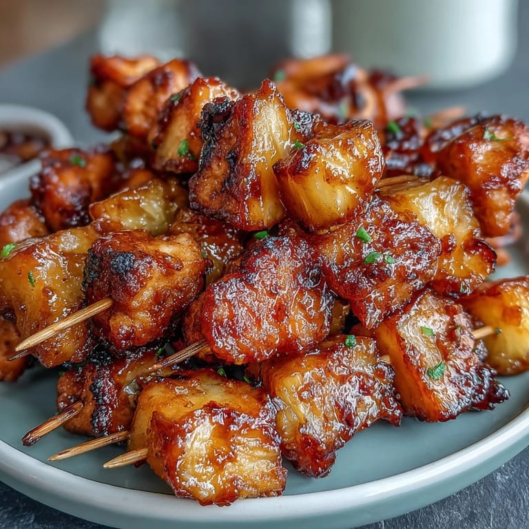 Flavorful chicken and pineapple skewers air-fried until caramelized, perfect for easy appetizers or party trays.  