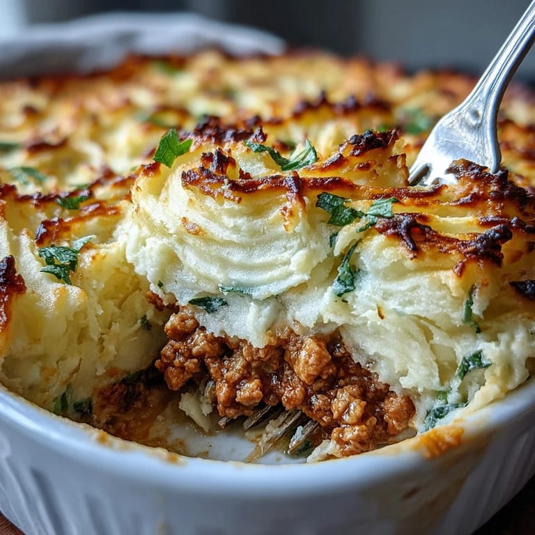 Wholesome Turkey Shepherds Pie featuring lean ground turkey, tender vegetables, and a light cauliflower-potato mash, baked until golden and bubbling.