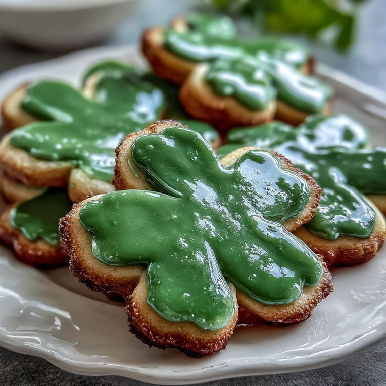 Buttery sugar cookies cut into shamrock shapes and decorated with smooth, vibrant green royal icing for a festive holiday treat.