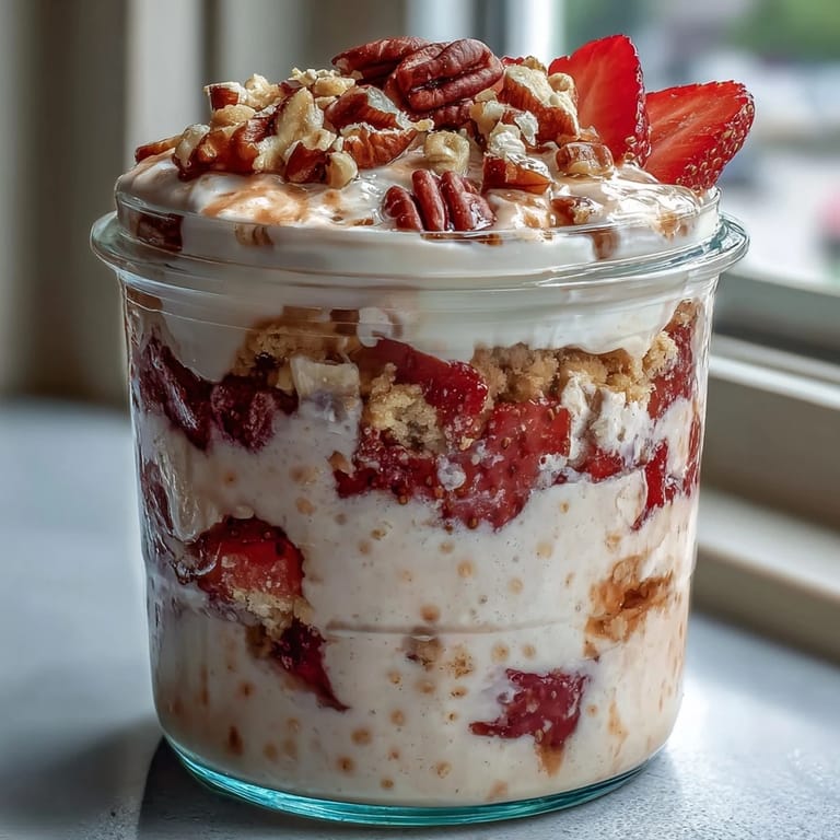 Indulgent strawberry cheesecake overnight oats with layers of creamy oats, juicy berries, and a crunchy graham cracker topping in a glass jar.