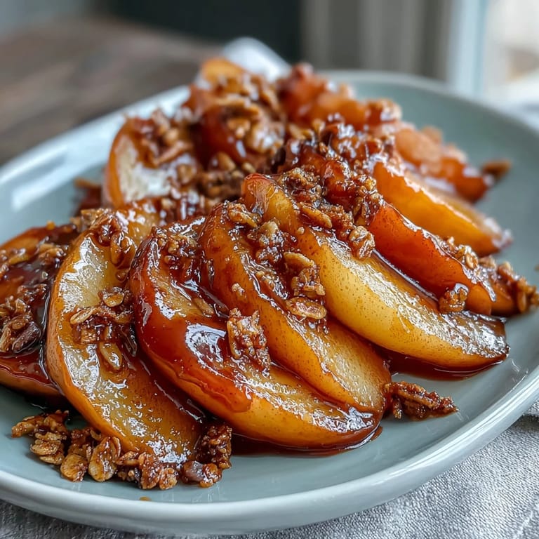 Peanut butter-coated apple slices sprinkled with granola and mini chocolate chips, perfect for a quick, nutritious treat.
