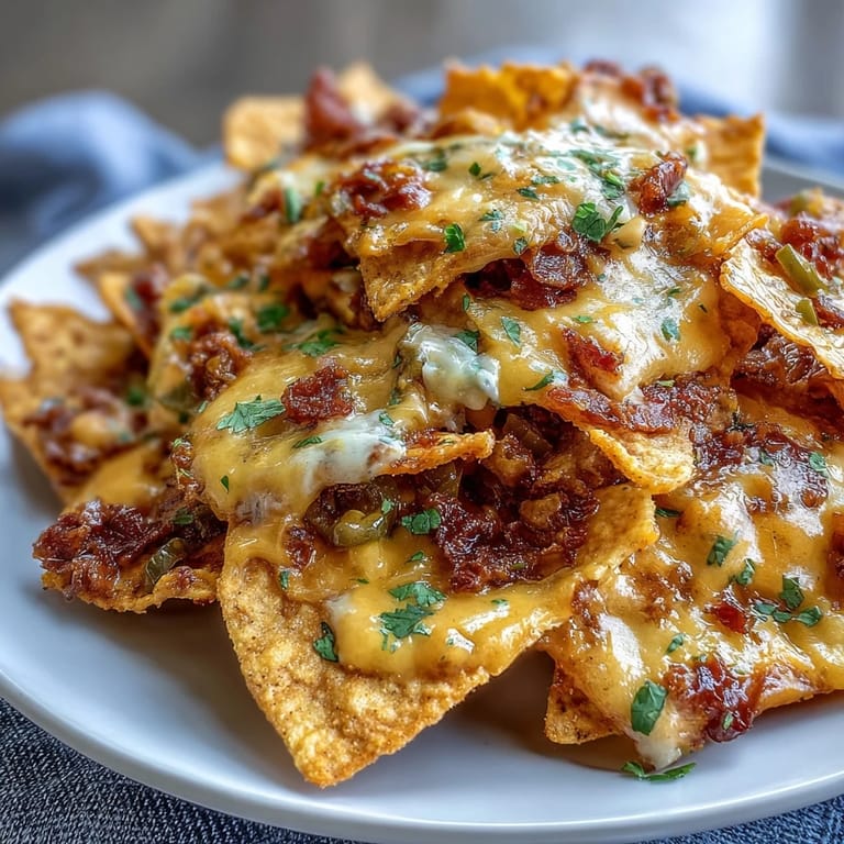 Crispy tortilla chips piled high with seasoned ground beef, gooey cheddar sauce, and tangy pickled jalapeños for bold flavor.