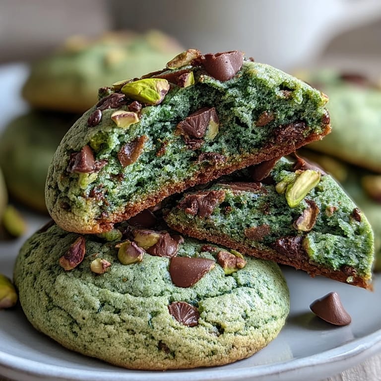 Festive St. Patrick's Day pistachio pudding cookies, naturally colored with spinach, loaded with white chocolate and crunchy pistachio pieces.