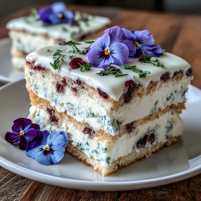 Elegant Spring Cake with Pressed Edible Flowers: layers of soft vanilla cake and whipped cream decorated with pressed pansies and violets.