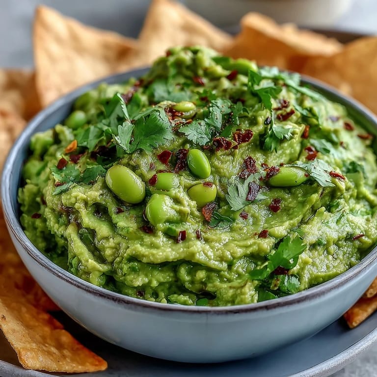 Bright green edamame guacamole bursting with cilantro and lime, paired with warm, lightly spiced whole wheat pita chips.
