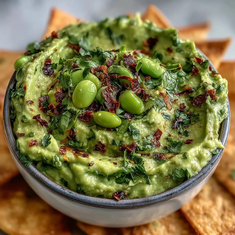 Protein-packed edamame guacamole blended with avocado, garlic, and jalapeño, alongside crunchy baked pita chips perfect for dipping.
