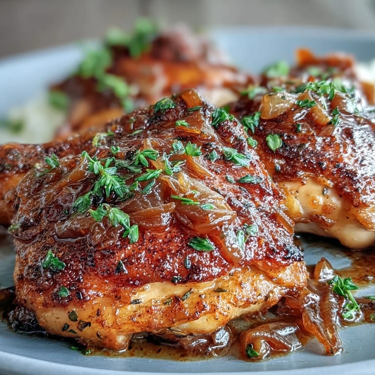 Comforting Southern Soul Food Smothered Chicken with tender chicken pieces simmered in onion gravy.