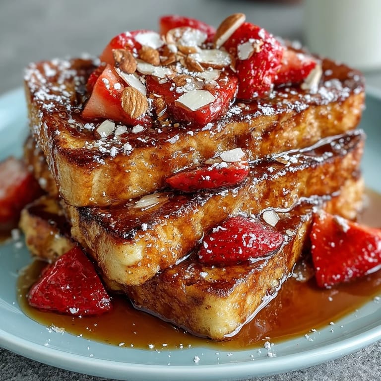 Baked strawberry French toast with sweet strawberries, fluffy bread, and crunchy almond topping—ideal for family breakfasts or brunch parties.