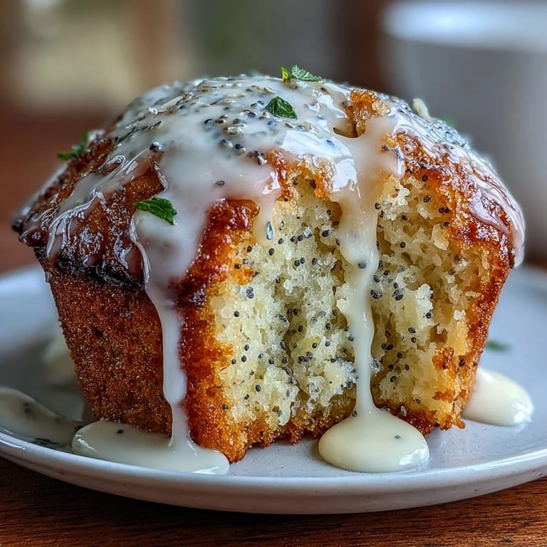 Golden muffins bursting with lemon zest and crunchy poppy seeds, topped with a glossy sweet lemon glaze for a bakery-style finish.  