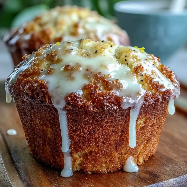 Warm, tender muffins filled with fresh lemon flavor and poppy seeds, drizzled with a tangy glaze—ideal for a sunny morning gathering.