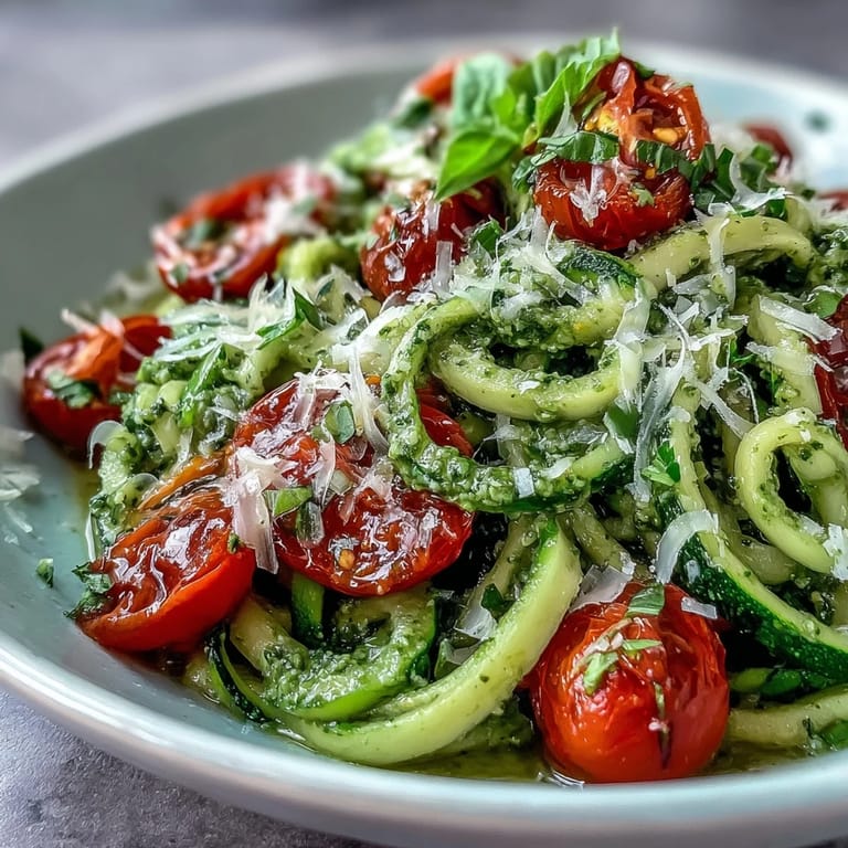Fresh zucchini noodles sautéed with garlic, tossed in fragrant basil pesto, and topped with halved cherry tomatoes for a healthy meal.
