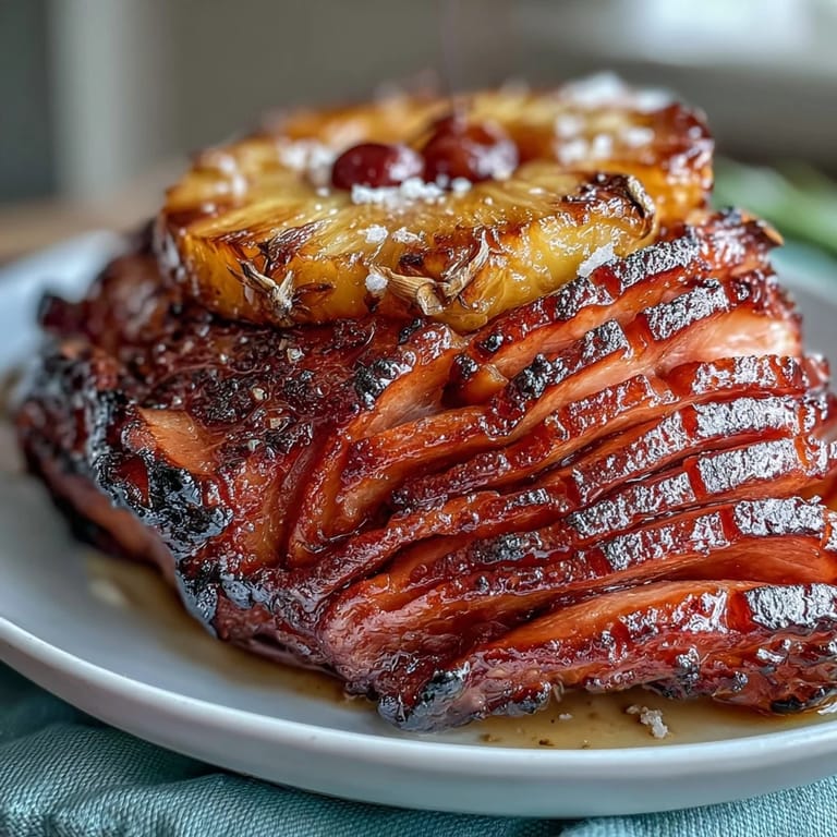 2. Succulent ham baked with honey-mustard glaze, adorned with pineapple and cherries for a festive Easter feast.  
