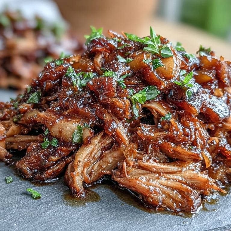 Juicy Honey Peach BBQ Pulled Pork piled high, with chunks of caramelized peaches and a glossy BBQ coating.