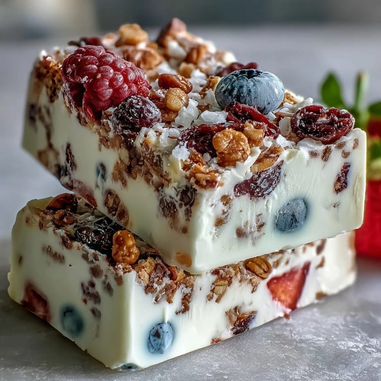 Vibrant Frozen Yogurt Bark with Berries and Granola: Sweet berries and crisp granola nestled in smooth yogurt, ready for summer snacking.