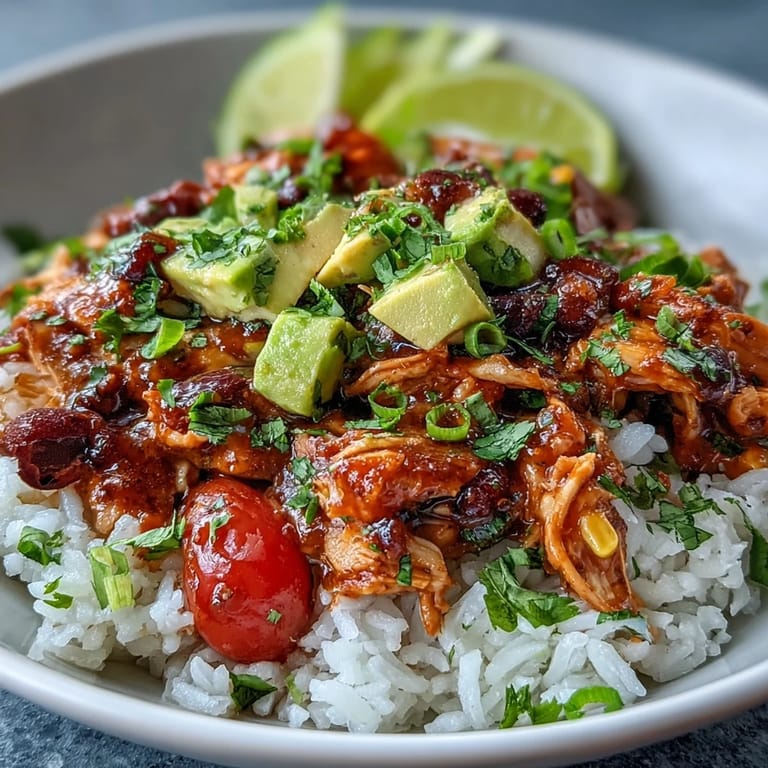 Easy Salsa Chicken Bowls in crockpot, featuring tender chicken, corn, avocado, and a burst of lime for a fresh meal.  