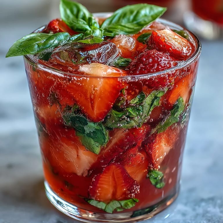 A refreshing alcohol-free sangria mocktail featuring juicy strawberries, lemon, lime, and basil leaves, served over ice with a citrus slice.