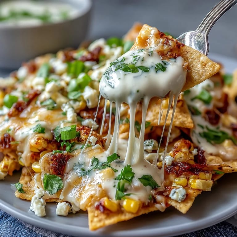 Vibrant Elote Nachos, adorned with smoky chipotle crema and cotija.