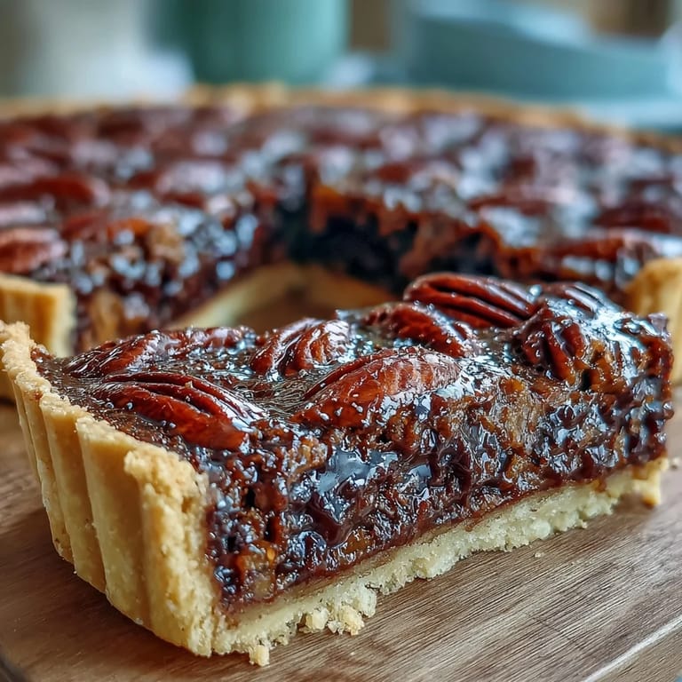 Decadent pecan, chocolate, and bourbon tart nestled in a flaky crust.